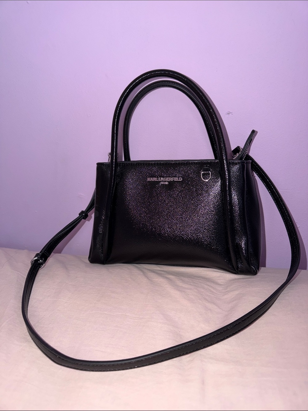 Karl Lagerfeld Black Patent Leather Small Top-Handle Crossbody